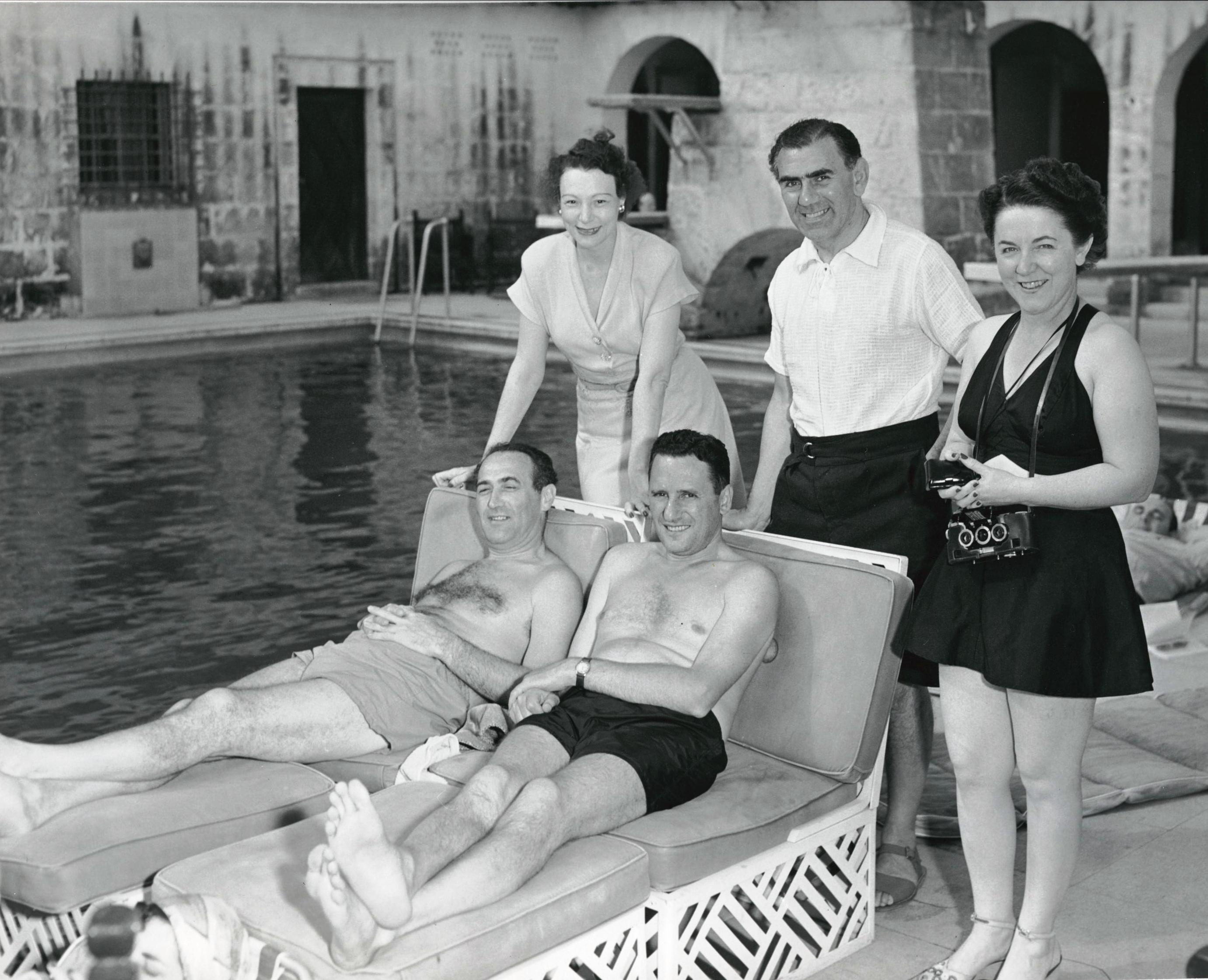 Charles Goren and Sidney Silodor poolside at the 1950 Bermuda Bowl