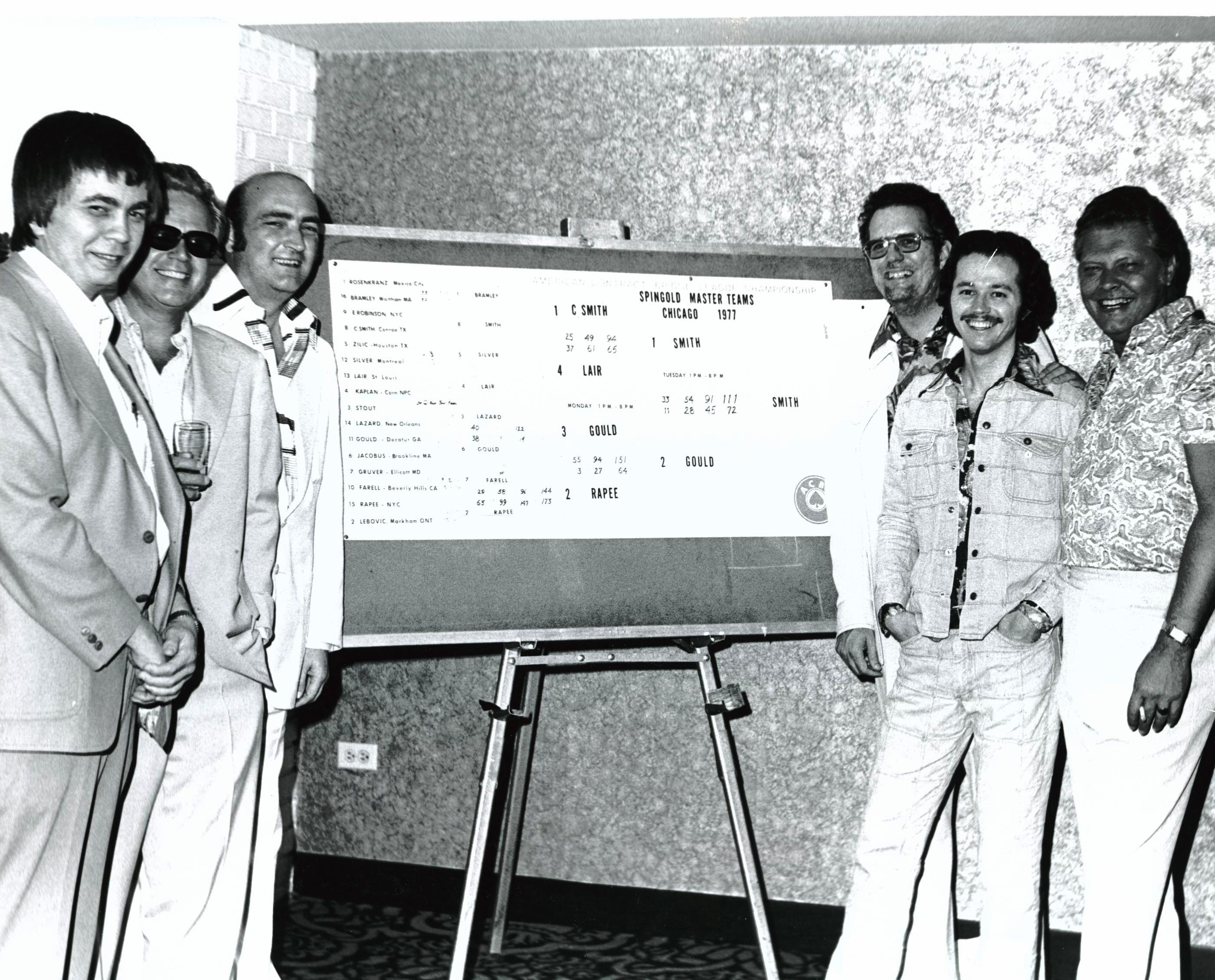 1977 Spingold winners. L to r: Lou Bluhm, Cliff Russell, Tommy Sanders, Dan Morse, Eddie Wold and Curtis Smith